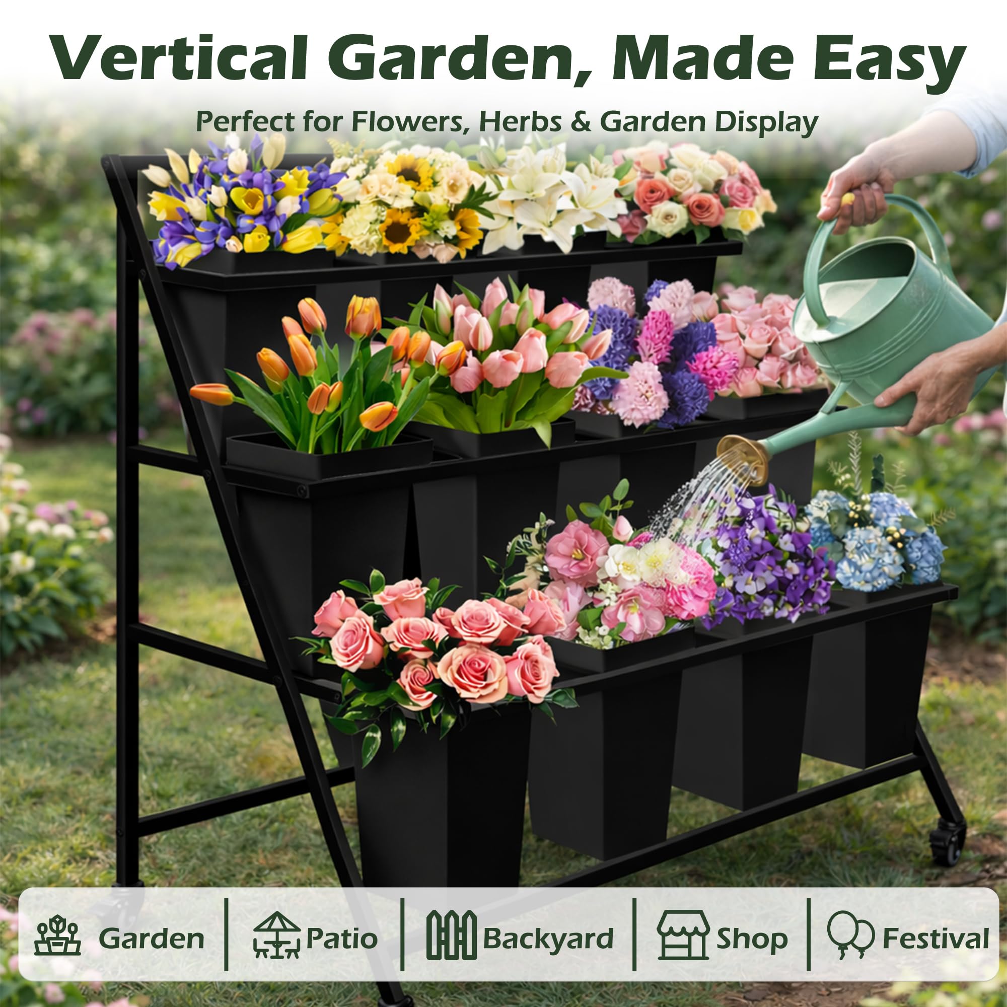 PROLEE Flower Display Stand with 12 Buckets, Flower Cart 3 Layers